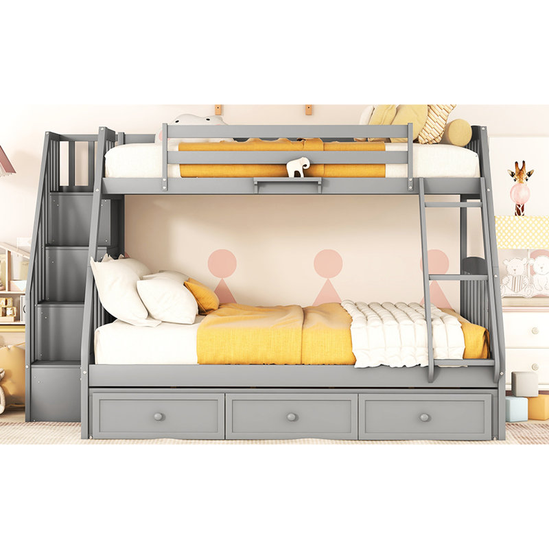 Lit superposé simple gris avec tiroirs. Et matériau en bois de pin. Solution spatiale. Choix de conception polyvalents. Barrière de sécurité sécuritaire. Matelas non inclus dans les tiroirs et la boîte. Fabrication en bois massif durable.