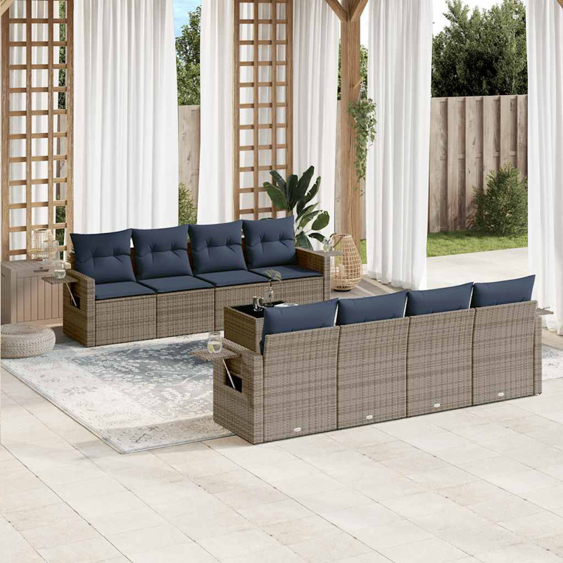 Ensemble de canapé de patio 9 pièces avec coussins en rotin de polyester, Gris, Marine