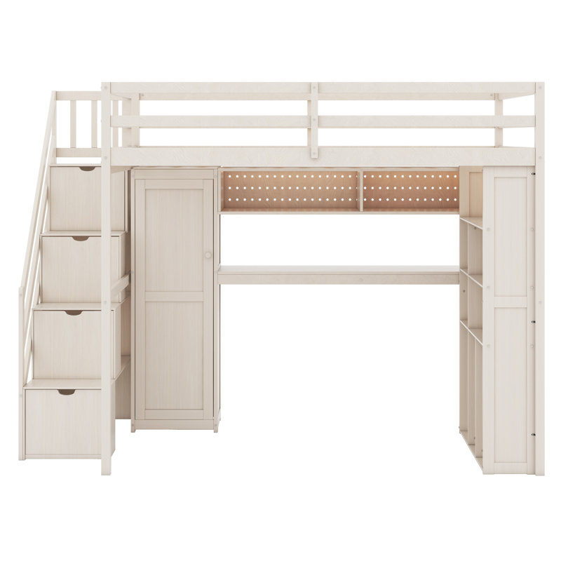 Space-Saving Loft Bed Frame with Integrated Wardrobe, Desk, Shelves and Lights, Beige