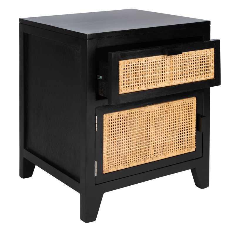 Élégante table de chevet en rotin et acajou Blumenthal - l 18 po avec poignées de tiroir élégantes, Noir