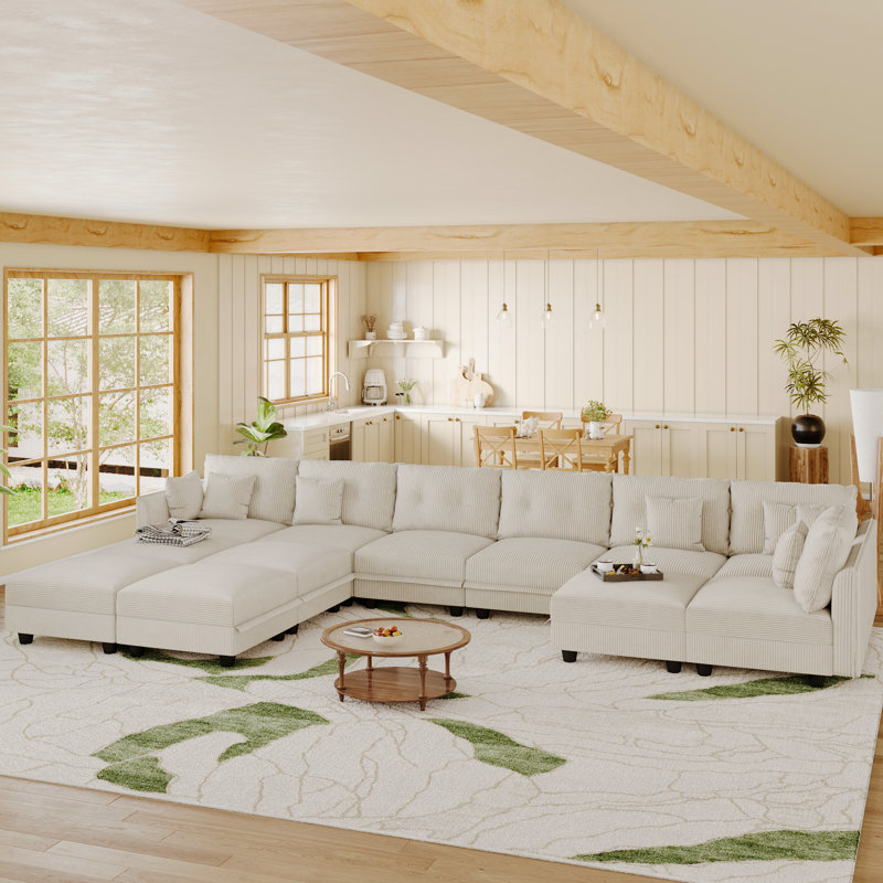 12 Seat Corduroy Convertible Modular Sectional Sofa With Storage, 7 Back Cushion 7 Throw Pillow, Beige Corduroy