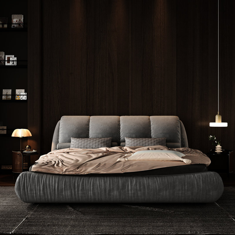 Très grand lit confortable avec revêtement en tissu massif et support en bois massif, lattes épaisses à plateforme grise