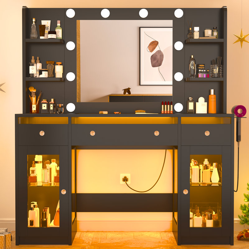 Vanity Desk With Lighting&power Outlet,makeup Vanity Desk W/led Mirror And Lights 3 Colors,transparent Glasstop W/3 Rgb Drawers,hair Dryer Hold,2 Large Tempered Cabinets