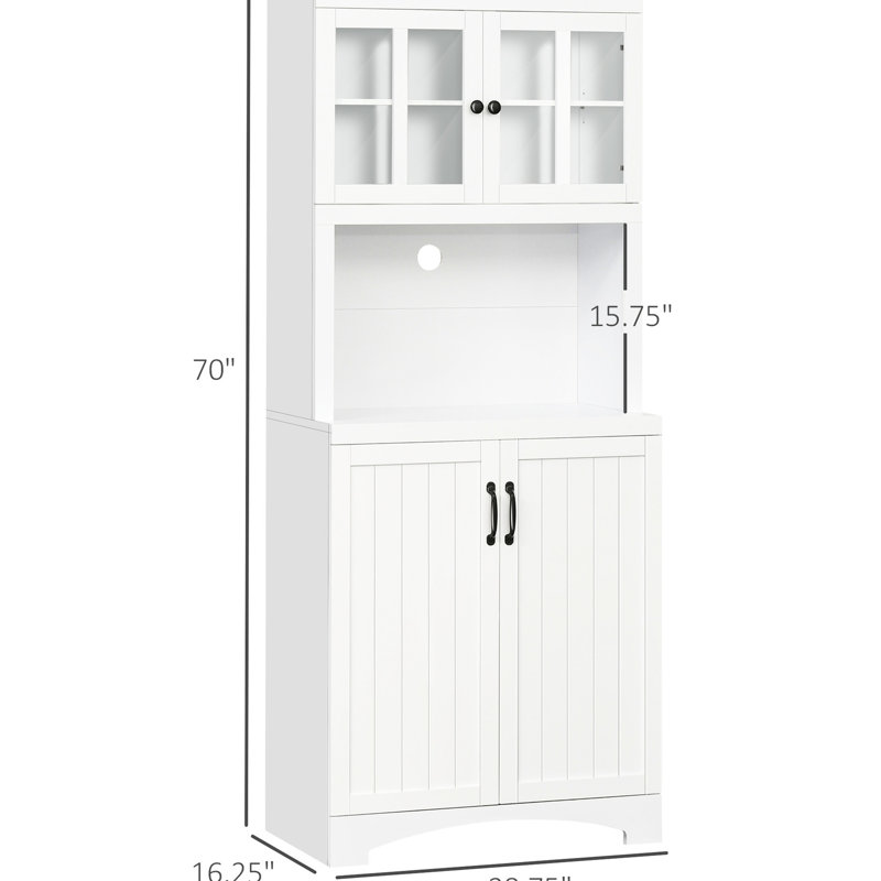 Garde-manger blanc, cuisine avec tablettes réglables et support à micro-ondes pour la salle à manger - garde-manger élégant, porte vitrée et espace. Rangez la vaisselle, les pots, les articles. Tablette personnalisable