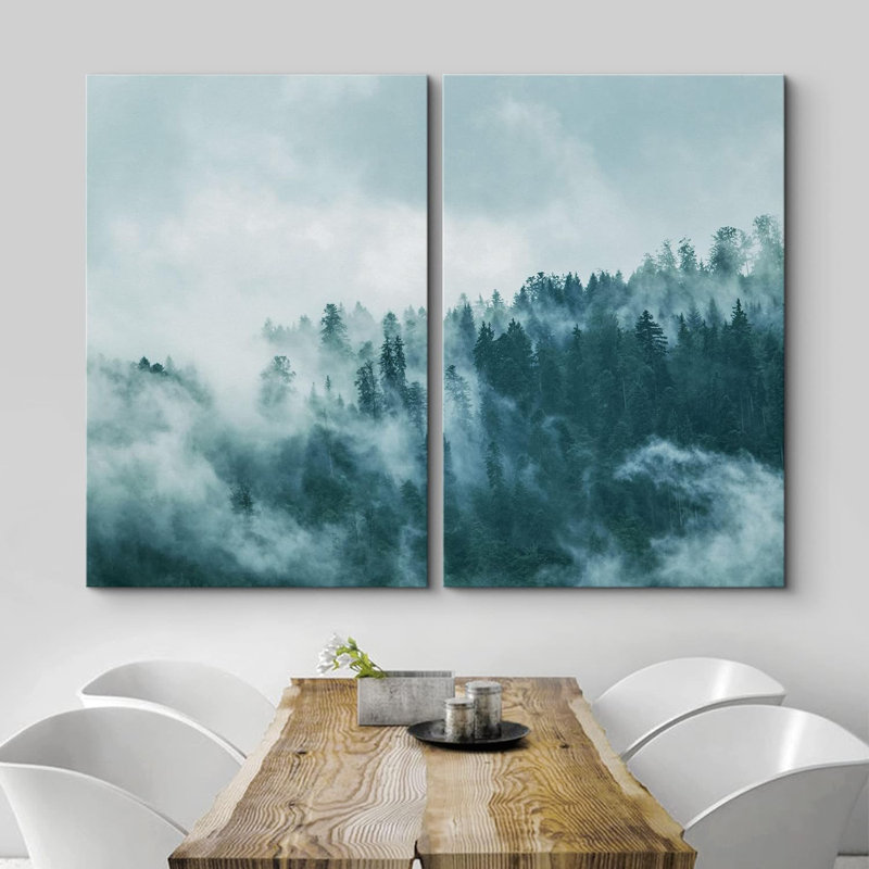 Teal Mist & Fog Mountain Forest Trees - ensemble de 2 impressions, H 24 po x l 32 po x P 1,5 po, Toile tendue