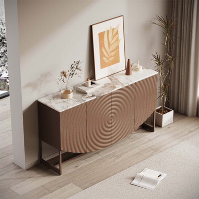 Unique 3D Wave Texture Sideboard With Marble-Like Sticker Counter Top, Modern Luxury Style, Multi-Functional Storage For Living And Dining Rooms