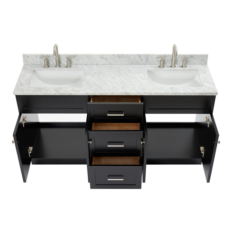 Partham 67'' Double Bathroom Vanity with Carrara Marble Top, Black