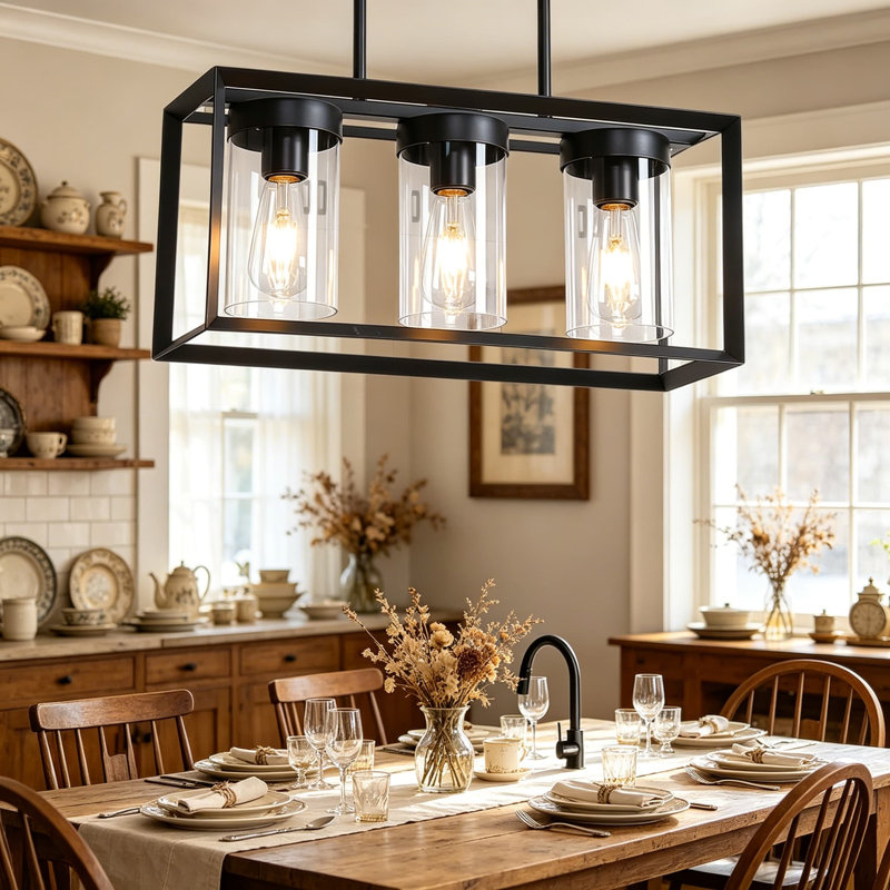 Lustre rectangulaire noir de style campagnard, luminaire de salle à manger linéaire moderne à 3 lumières avec abat-jour en verre transparent, luminaire suspendu réglable pour îlot de cuisine sur table