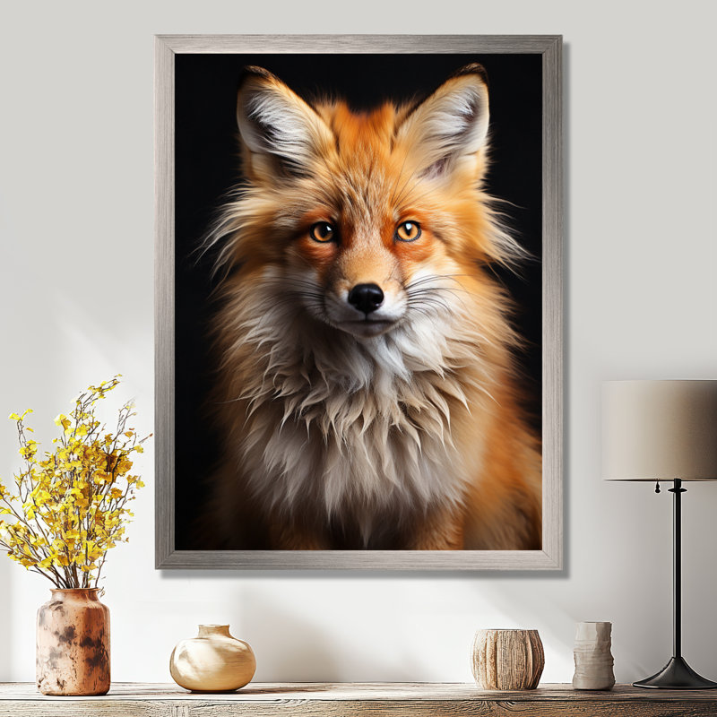 «Orange Fox Guardian», art mural renard, H 40 po x l 30 po x P 1,5 po, Cadre simple argenté