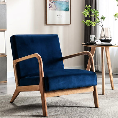Fauteuil classique bleu en velours de style moderne du milieu du siècle, avec finition et cadre ouvert, pour chambre ou salon, mousse confortable, 72,4 cm de hauteur, 82,3 cm de profondeur, fauteuil d'appoint confortable de 11,7 kg.