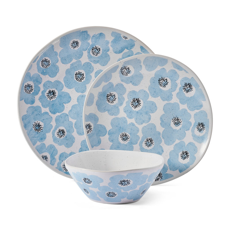 Radiant Floral Blue and Off-White Ceramic Dinnerware Set, Service for 4