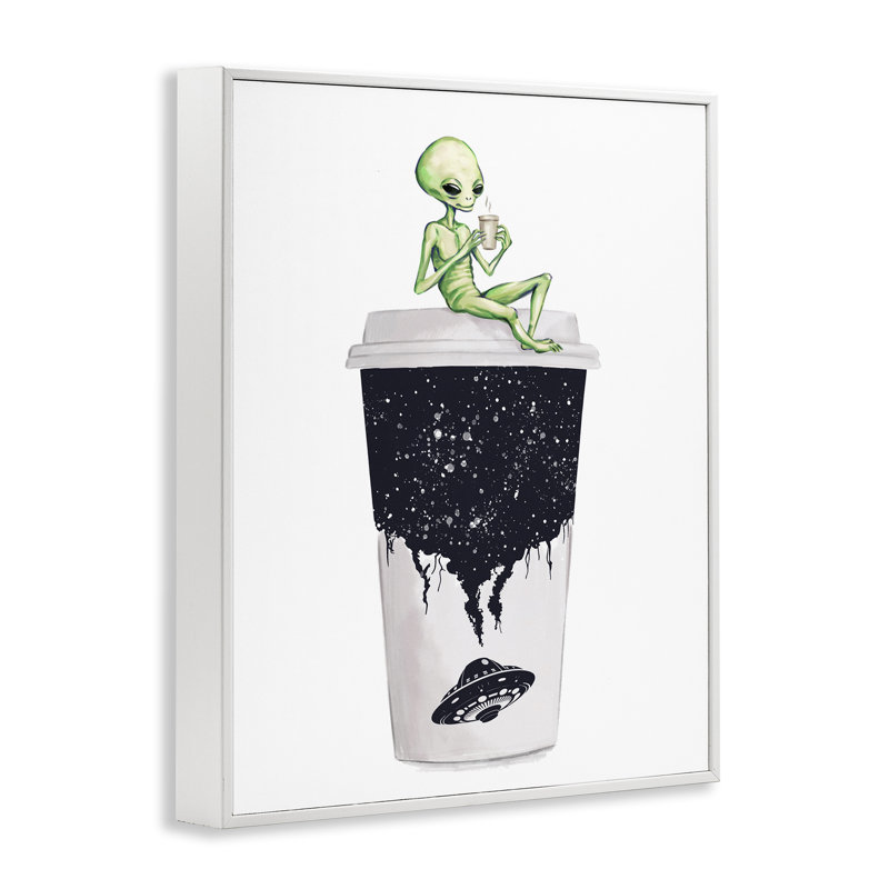 Alien & Coffee Cup Art by Ziwei Li, Coastal White Framed Giclee, 20" H x 16" W