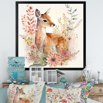 Mignon petit cerf avec fleurs roses - art mural grand cerf
