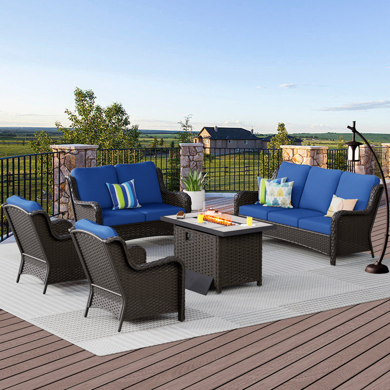 8 - Person Patio Conversation Set with Cushions, Navy Blue, Brown