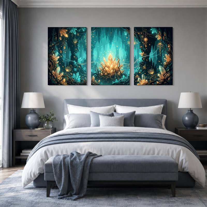 Art mural sur toile en forme de caverne en cristal avec fleurs lumineuses, H 24 po x l 16 po x 3 pièces