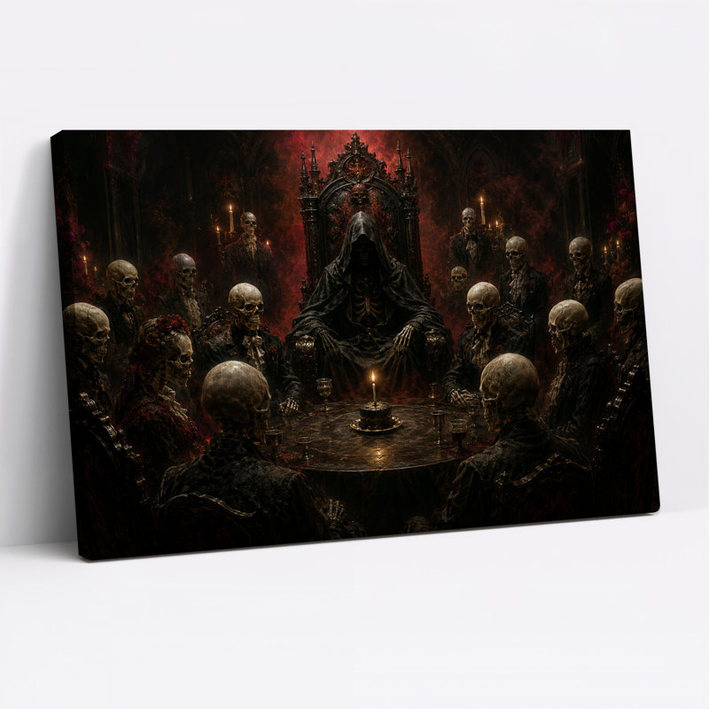 Squelettes gothiques à table avec figure encapuchonnée et toile murale d'Halloween, H 20 po x l 30 po