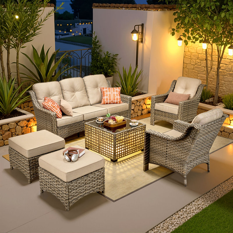 6 Piece Patio Furniture Conversation Sets With Solar Light Table,Outdoor Wicker Furniture With Ottoman, All Weather Resistant Outside High Back Rattan Patio Set