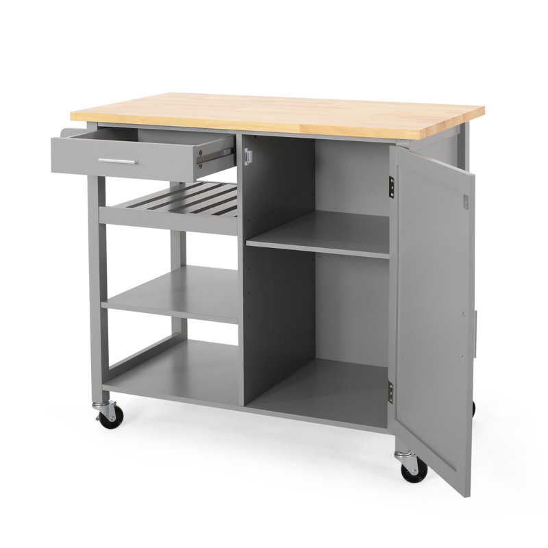 Modern Kitchen Cart with 1 Drawer, 3 Open Shelves, 1 Cabinet with 2 Shelves and a Towel Holder, Gray