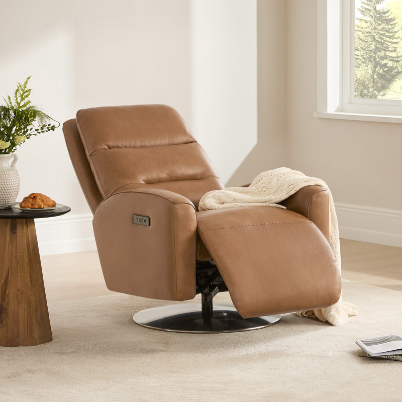 Genuine Leather Dual Motor Swivel Power Recliner With Power Headrest, Saddle