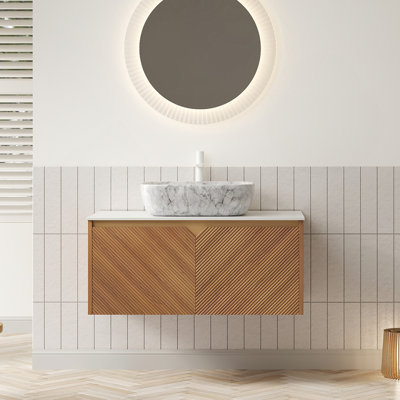 36" Bathroom Vanity&Sink, Floating Plywood Storage Cabinet, Twill Double Doors With Metal Trim, Marble Pattern Ceramic Vessel Basin&Carrara White Sintered Stone Top, Brown Oak Woodgrain Colour
