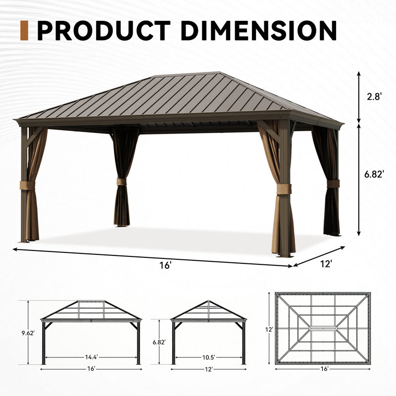 16 pi L 12 pi. D Pavillon de jardin en aluminium avec toit simple, rideaux et moustiquaire, Bronze Antique