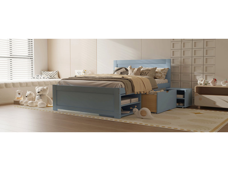 Lit plateforme avec tiroir et deux tablettes, Lit double, Gris
