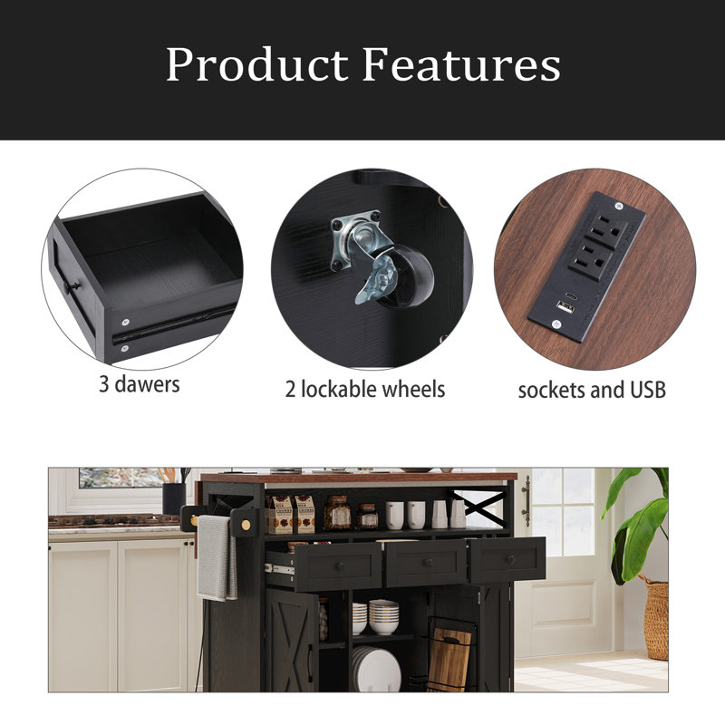 46.5'' Farmhouse Kitchen Island With Drape Of Beads, Power Outlet, Rolling Kitchen Cart On Wheels With Drop Leaf, 3 Doors , 3 Drawers And Internal Iron Shelf, For Kitchen, Dining Room