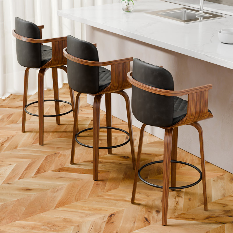 26'' High-back Swivel Bar Stool With Footrest, Black, 1