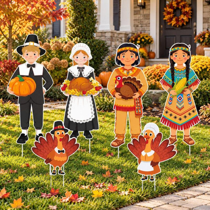 Ensemble de 6 piquets de pèlerin et de dinde, décorations d'automne pour l'Action de grâce