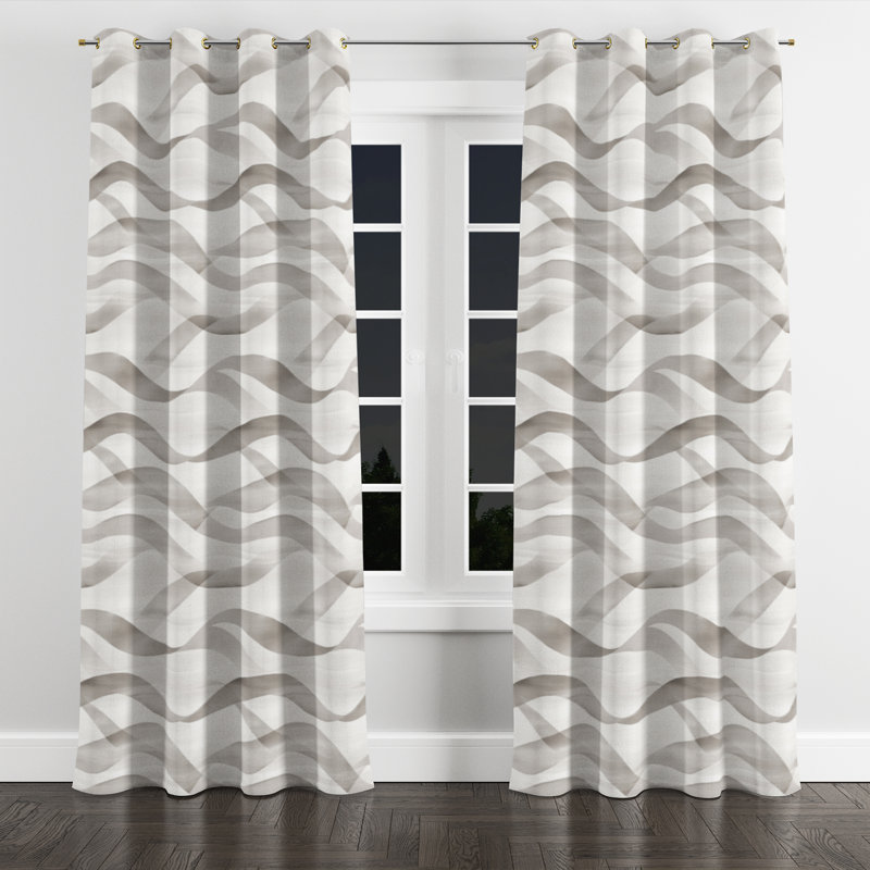Abstract Curtain panels - Modern Wavy Line Beige Gray Grommet Curtain - 1 Panel, Gold Grommets, 52" W x 90" L