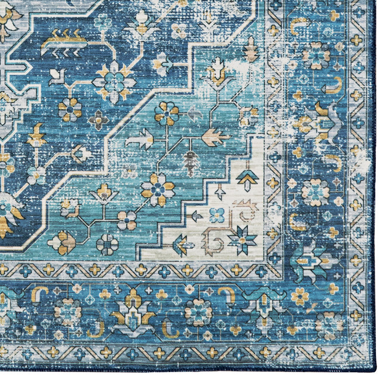 Ducote Washable Teal and Ivory Machine Woven Area Rug, Rectangle 2' x 3'