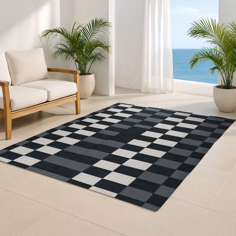 Checkered Black Indoor and Outdoor Area Rug, Rectangle 2' x 3'