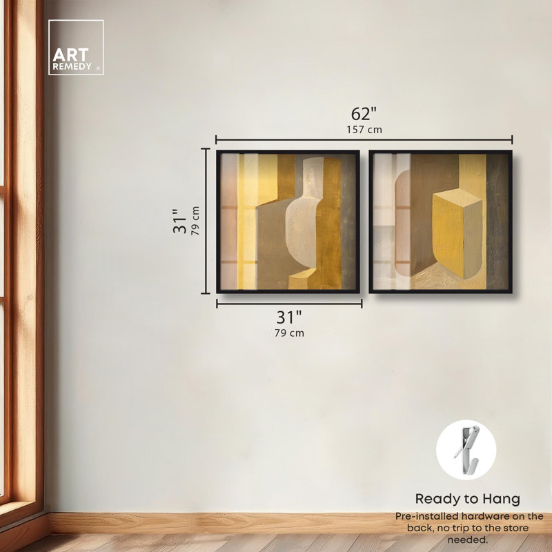 Columnar Forms Diptych Shadowbox Print Beige Wall Decor Set by Art Remedy, White Frame, 24 x 24, 31" H x 31" W, Black Frame