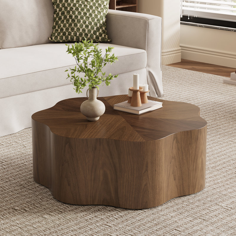 35" Mid Century Flower Shape Coffee Table, Solid Wood Veneer for Living Room, Brown