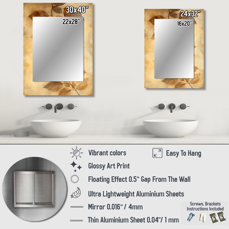 Brown Faded Sepia Leaves VI - Leaves Decorative Mirror, Traditional Wall Mirror, Printed Metal Art, 32" x 24"