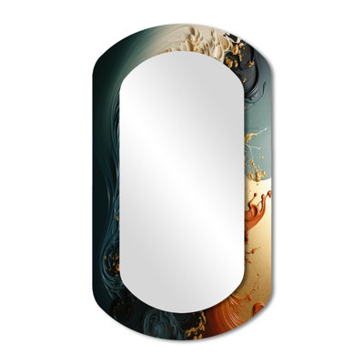 White blue and orange ink storm II - Abstract Painting Asymmetrical Mirror, Orange Cylinder Decorative Wall Mirror, Printed Metal Art