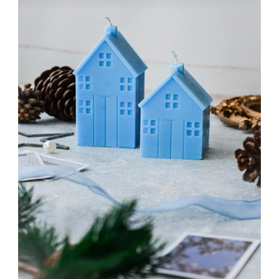 Elegant Candle Set (2 Pieces), Blue - 100% Soya Wax | Large House: 4.3 x 2.4 inches (5.1 fl oz), Small House: 3.1 x 2.2 inches (3.4 fl oz) | Inviting Vanilla Scent, Perfect for Home Décor & Relaxation | Safety Tips Included