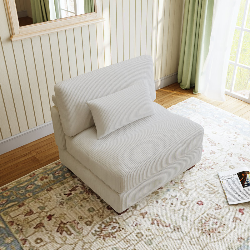 Maelina Upholstered Beige Corduroy Armless Chair with Pillow Back, Single Chair Module Part For Sectional Sofa, Beige