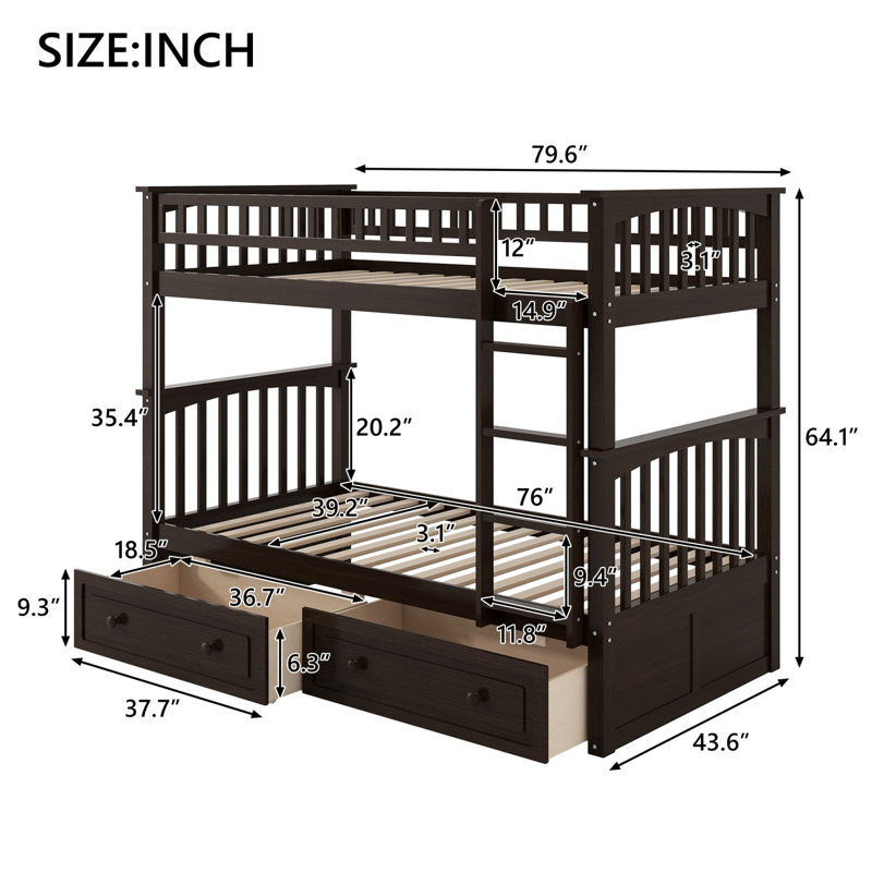 Lit superposé simple au-dessus de simple en bois massif avec tiroirs, 2 lits convertibles pour garçons et filles, Espresso