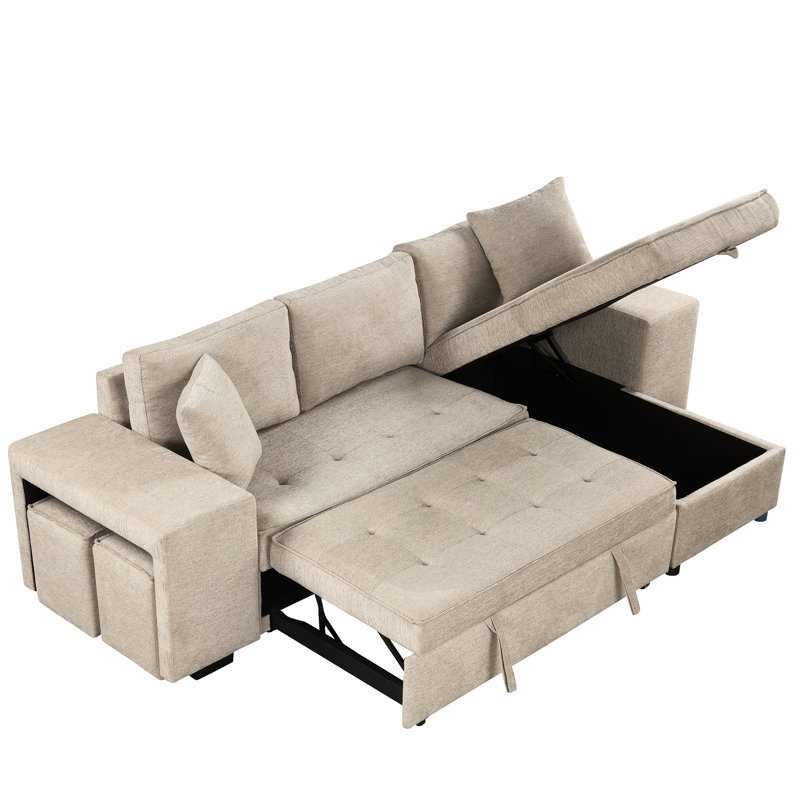 Canapé modulaire réversible en L 104,5 po avec méridienne de rangement, 2 tabourets et canapé-lit crème pour salon