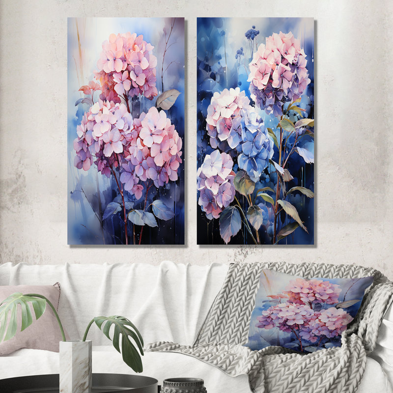 Hydrangées bleues au clair de lune - ensemble de 2 reproductions d'art sur toile, H 28 po x l 25 po, Toile tendue