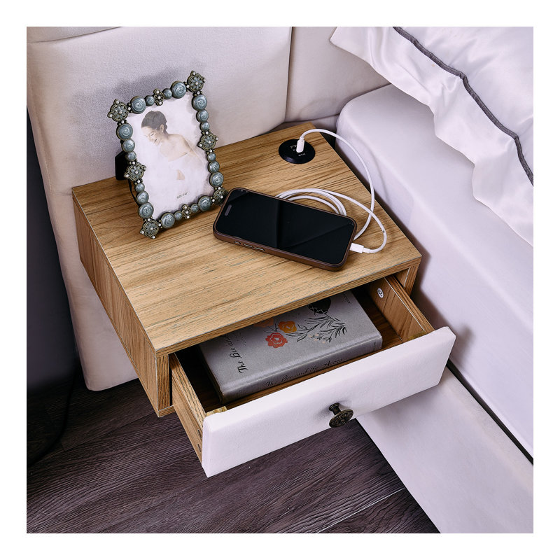 Très grand lit plateforme tapissier hydraulique en velours avec 2 tablettes, 2 lampes de lecture et port USB, beige, White