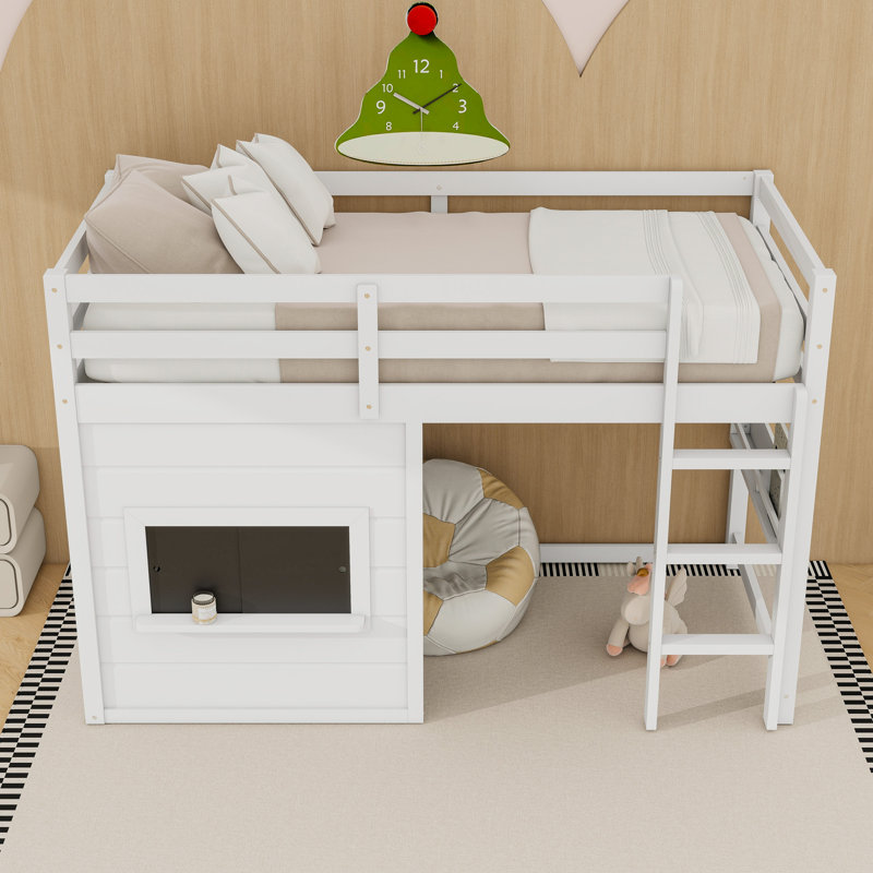 Lit mezzanine en bois avec tableau noir, aire de jeu et barrières de sécurité, Twin, Blanc