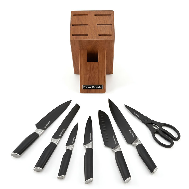 Ensemble de couteaux EverCook 8 pièces, lame noire mate, poignée noire, bloc de bois d'acacia, Black, Black