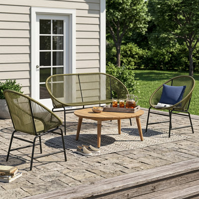 OUTDOOR PATIO 4-PCS CHAT SET, TEAL PE RATTAN & IRON FRAM FURNITURE, ACACIA WOOD TABLE