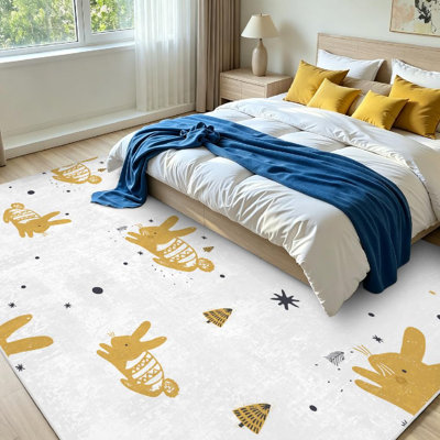 Tapis d'intérieur d'hiver lavable à la machine, doré, motif de lapin mignon dessiné