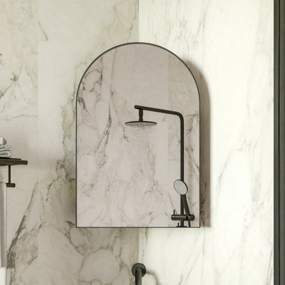 18x24" Matte Black Metal Corner Medicine Cabinet: Arched Mirror & Adjustable Glass Shelves for Space-Saving Storage