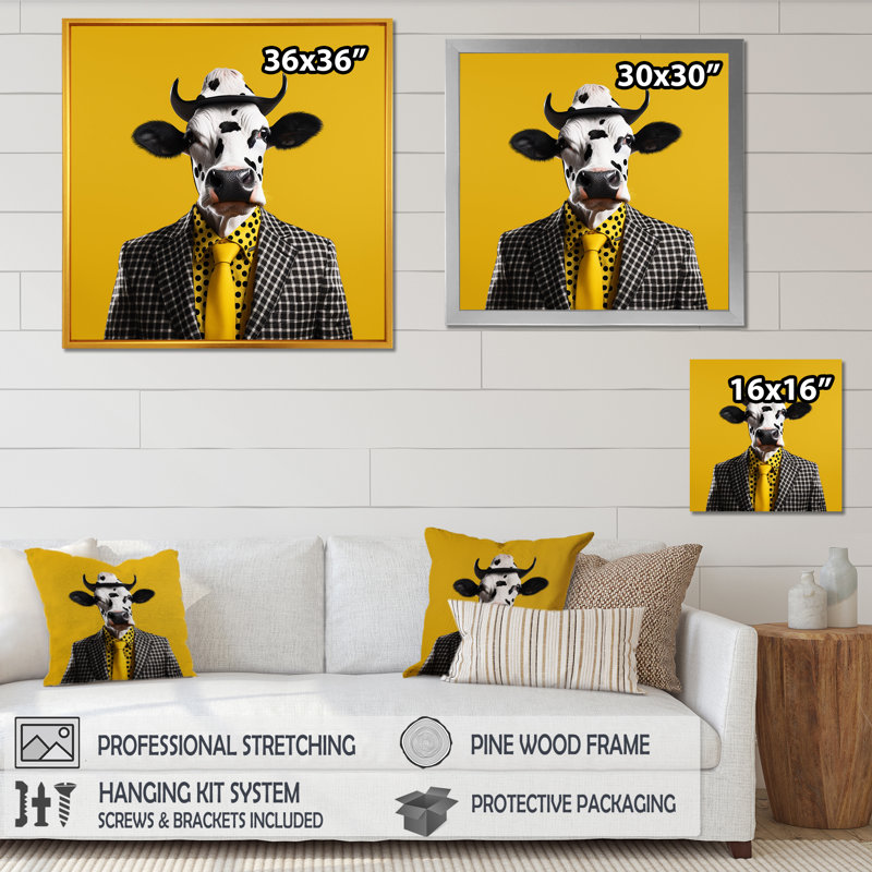 Jaune avec lunettes de soleil, mode vache, H 30 po x l 30 po x P 1,5 po, Toile tendue