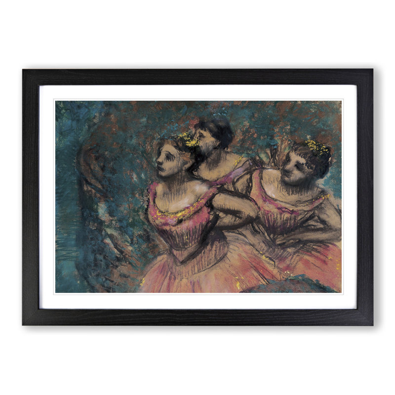Three Ballet Ballerina Dancers in Pink by Edgar Degas - Picture Frame Painting, Black, 36cm H x 48cm W x 2cm D