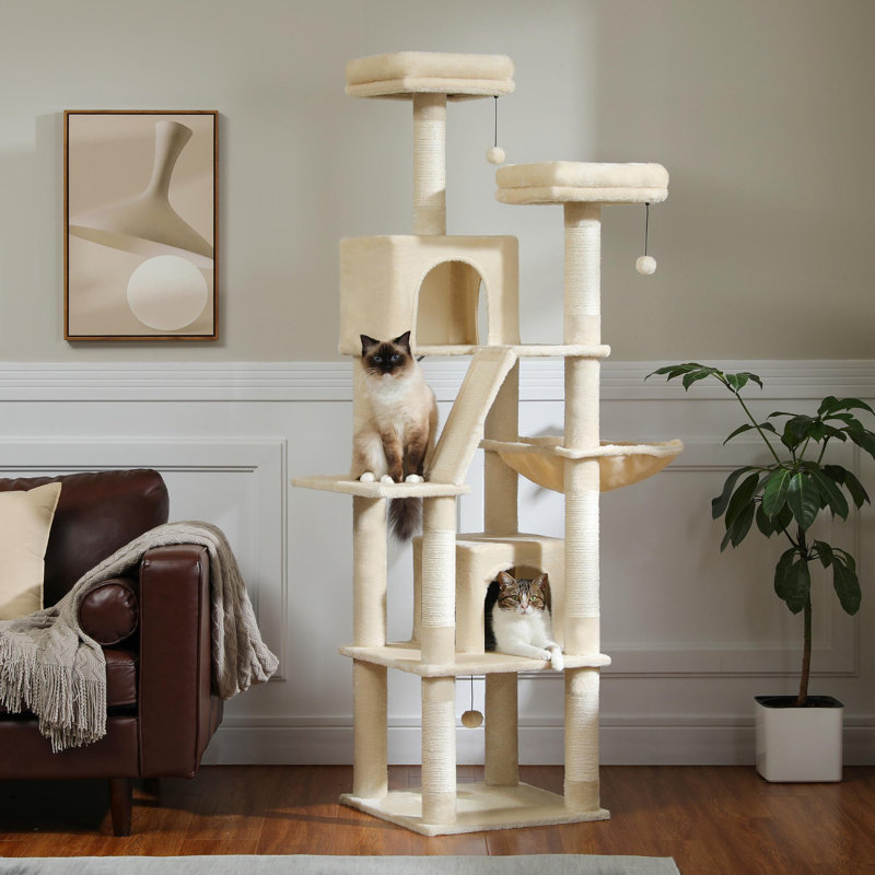 Grand arbre à chat 80 po avec cachettes, condos, hamacs et boules jouets, Beige